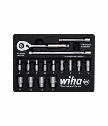 Wiha metrikus dugókulcs készlet racsnis hajtókarral, 1/4" befogással, 4-14 mm, 6 szögű, 17 részes, habszivacs tartóban, 44683